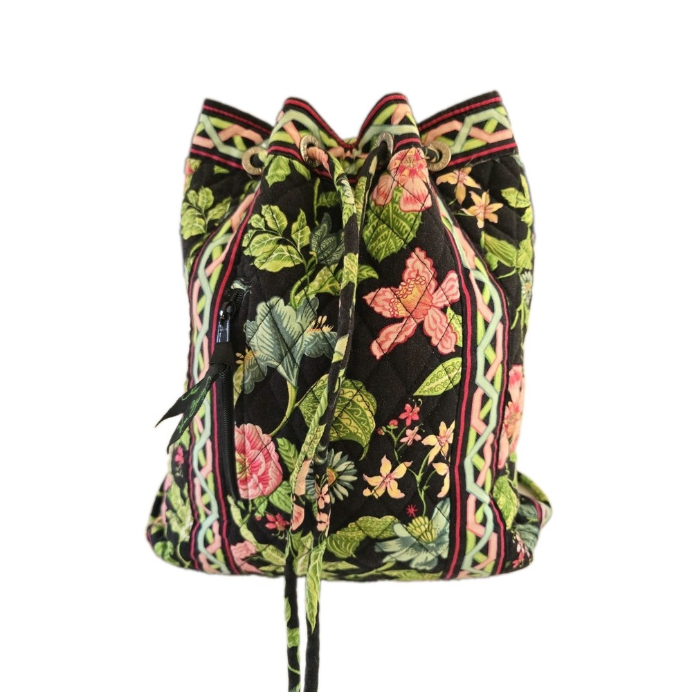 Vera Bradley Drawstring Backpack Botanical Garden Black Cotton